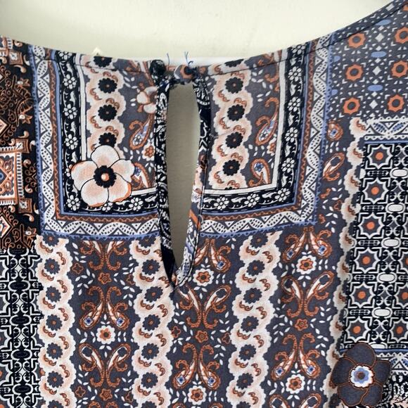En Creme Romper Size M Blue Handkerchief Ikat Print Long Sleeve Shorts Bohemian - Picture 5 of 7